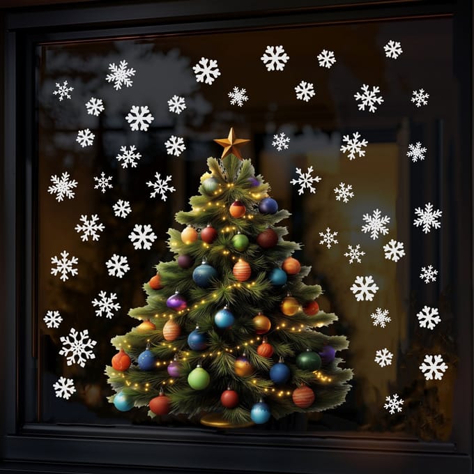 Raamstickers Kerstboom MEDIUM - met extra sneeuwvlokken - Herbruikbare kerst stickers
