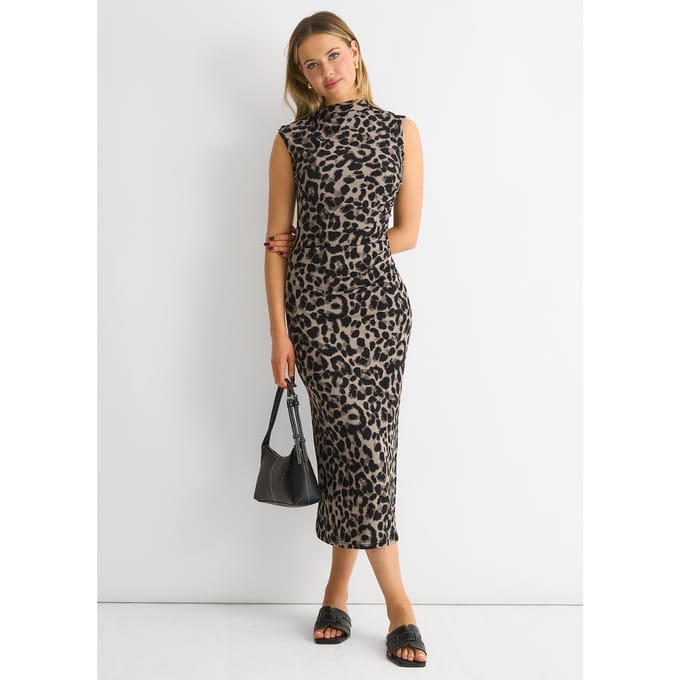 Grijze midi-jurk met dierenprint en ruches