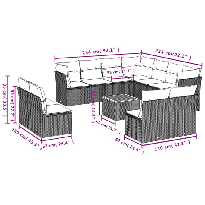 vidaXL - 12-delige - Loungeset - met - kussens - poly - rattan - beige