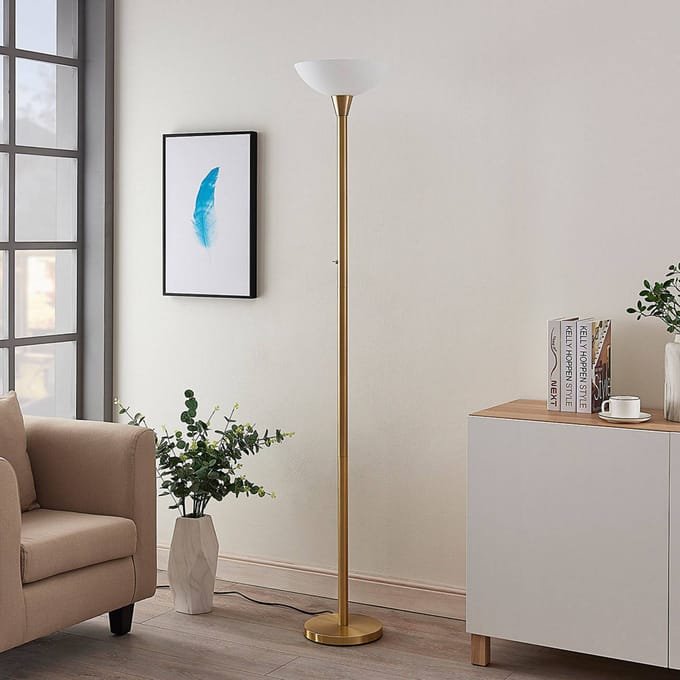 Lindby - vloerlamp - 1licht - Metaal, glas - H: 180 cm - E27 - mat messing, wit