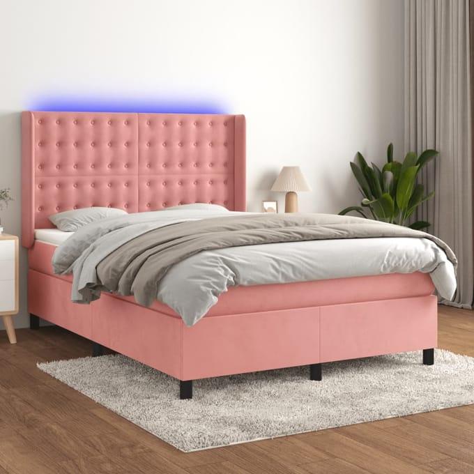 vidaXL - Boxspring - met - matras - en - LED - fluweel - roze - 140x200 - cm