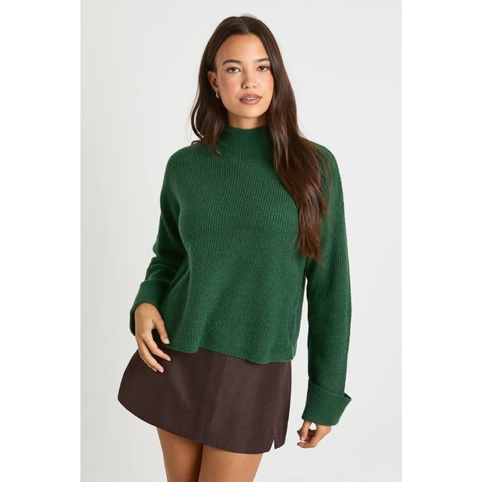 boohoo Dames High Neck Knit Jumper | Bottle Green | Maat: Medium