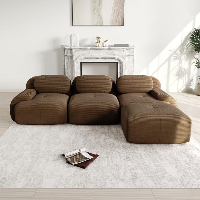 MODFU Modulaire Hoekbank – Framevrij & ergonomisch – Minimalistisch design – Ribfluweel – 32D schuim – Antislip – Bruin
