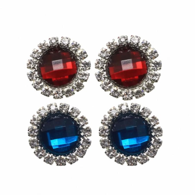 2 Paar-Clip Oorbellen-Rood- donker Blauw- Strass- 2 cm- Kunststof