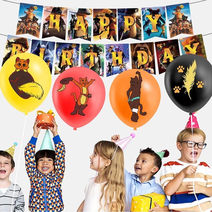 30 stuks Puss in Boots feestartikelen inclusief taarttopper ballonnen banner orange