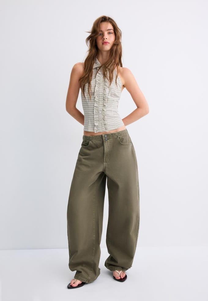 Stradivarius Haltertop met ruitjespatroon  Kaki XL