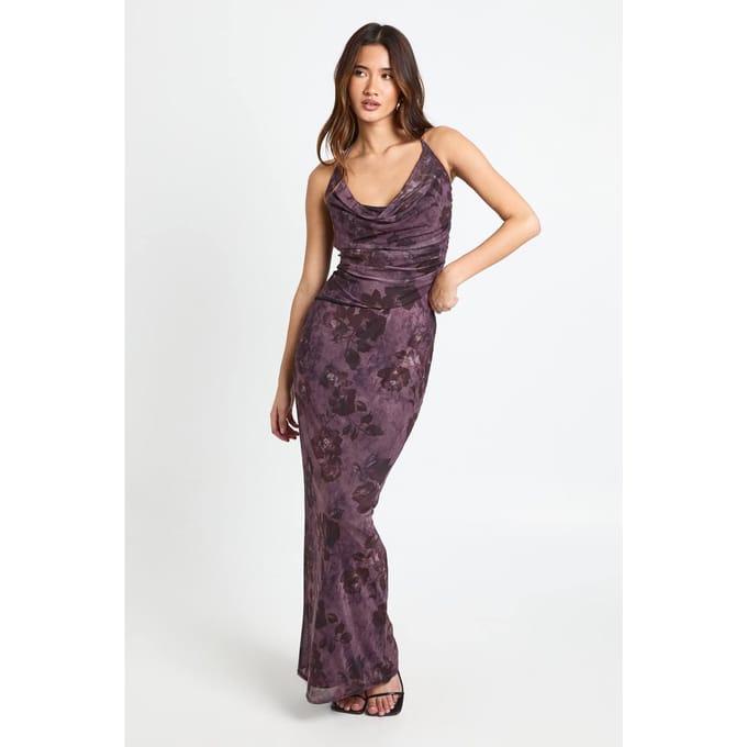 boohoo Dames Maxirok met bloemenprint in mesh | Pink | Maat: 8