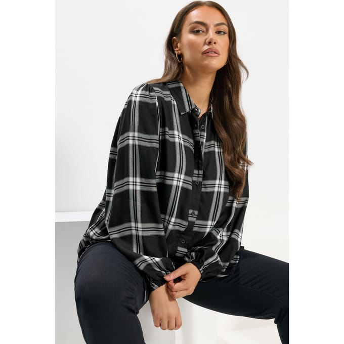 Yours Zwarte Geruite Blouse Met Ballonmouwen Size 48