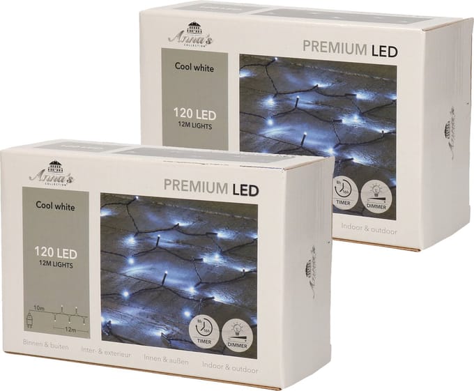 Anna's Collection Kerstverlichting - Set van 2x stuks - helder wit - 120 leds - 12 meter - dimmer - timer - IP44 - lichtsnoer