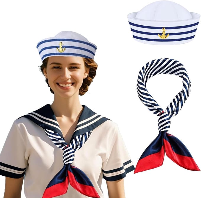 EGoods - Matrozenkostuumset - Blauw Wit Gestreept - Zeemansmuts en Sjaal - Carnaval Verkleedfeest - Kostuumaccessoires