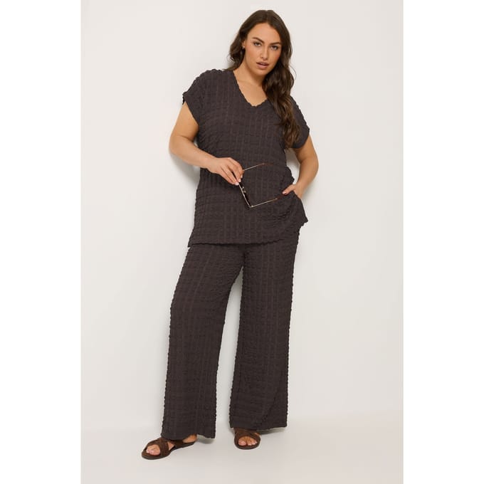 Yours Set Chocoladebruine Set Van Top En Broek Met Bubbeltextuur Size 44