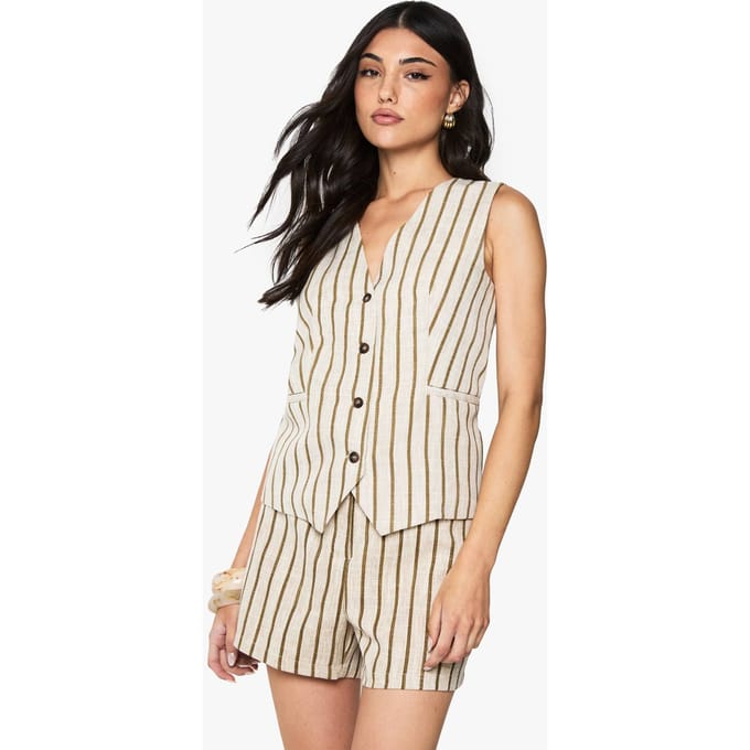 boohoo Dames Tailored Pinstripe Linen Look Button Waistcoat | Steen | Maat: 36