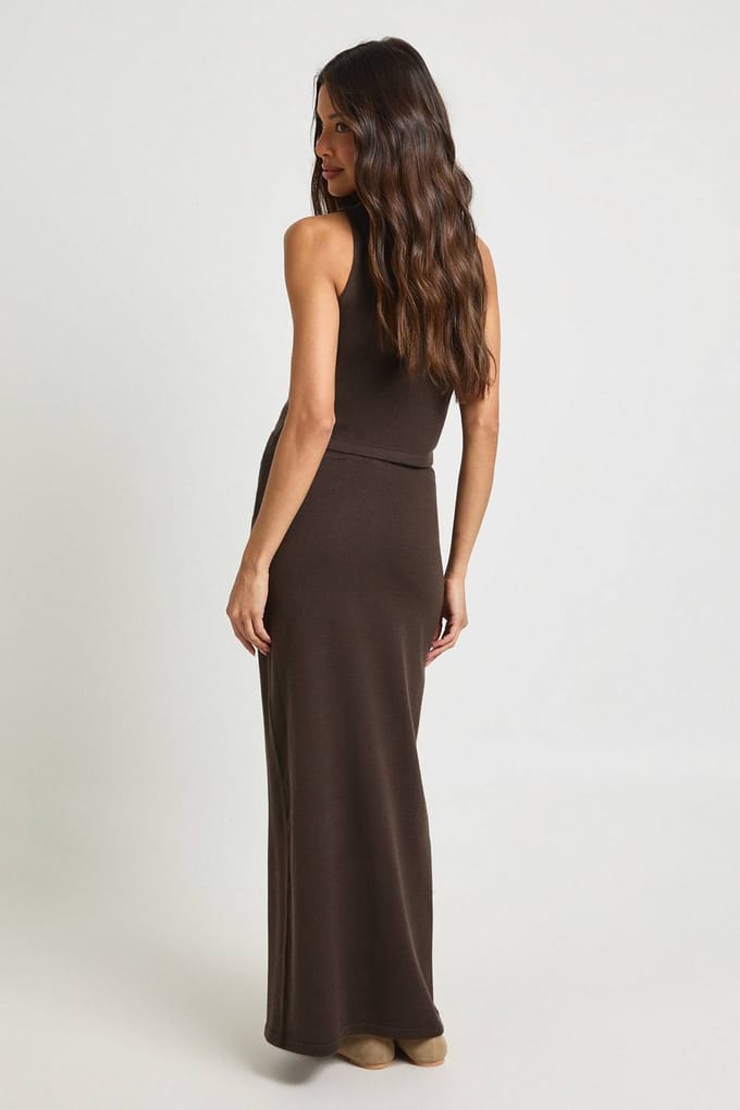 boohoo Dames Geribbelde Gebreide Coltrui en Maxi Rok Co-Ord Set | Chocoladebruin | Maat: Large