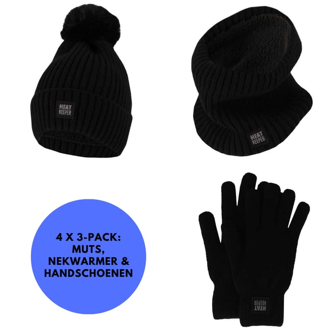 Heatkeeper - Thermoset dames - Handschoenen/Muts/Nekwarmer - Zwart - Onesize - 4x Set