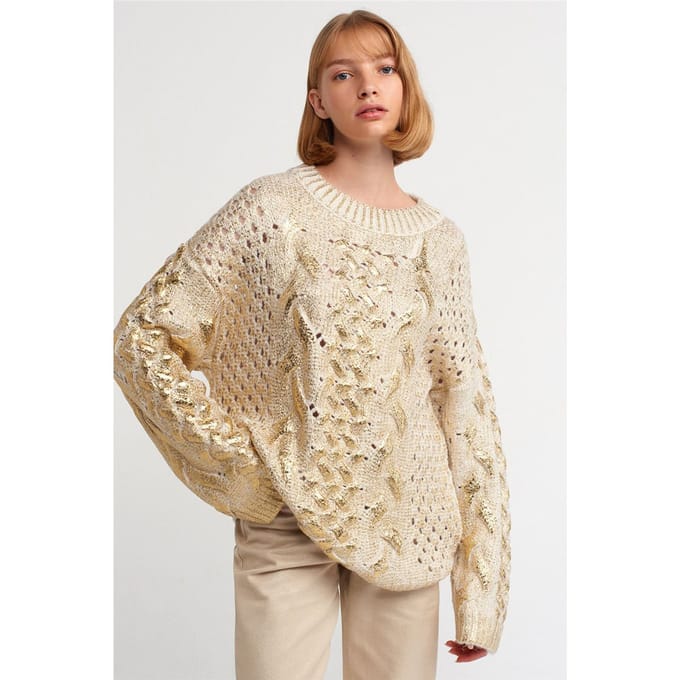 Overmatige Kabelgebreide Crew Neck Sweater