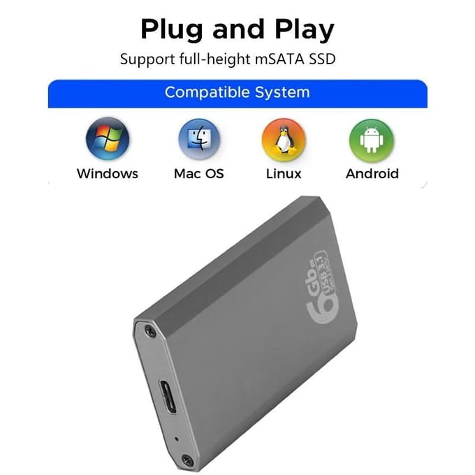 Boîtier adaptateur SSD mSATA vers USB 3.1 Gen2 6 Gbit/s avec port Type-C pour disque dur SSD interne mSATA gray