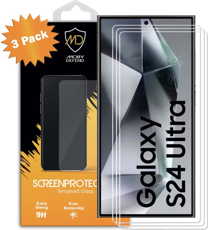 3-Pack MobyDefend Screenprotectors - Geschikt voor Samsung Galaxy S24 Ultra - Case-Friendly Screensavers - Gehard Glas