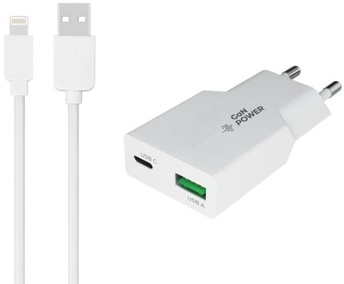 OneOne 36W Lader met USB A en C poort + 0,5m OneOne USB A naar Lightning kabel. USB C voor snelladen. PD PPS lader. GAN oplader adapter past op Apple iPhone 5, iPhone 5c, iPhone 5s, iPhone 6, 6 Plus, 6s, iPhone 7, 7 Plus, iPhone 8, 8 Plus