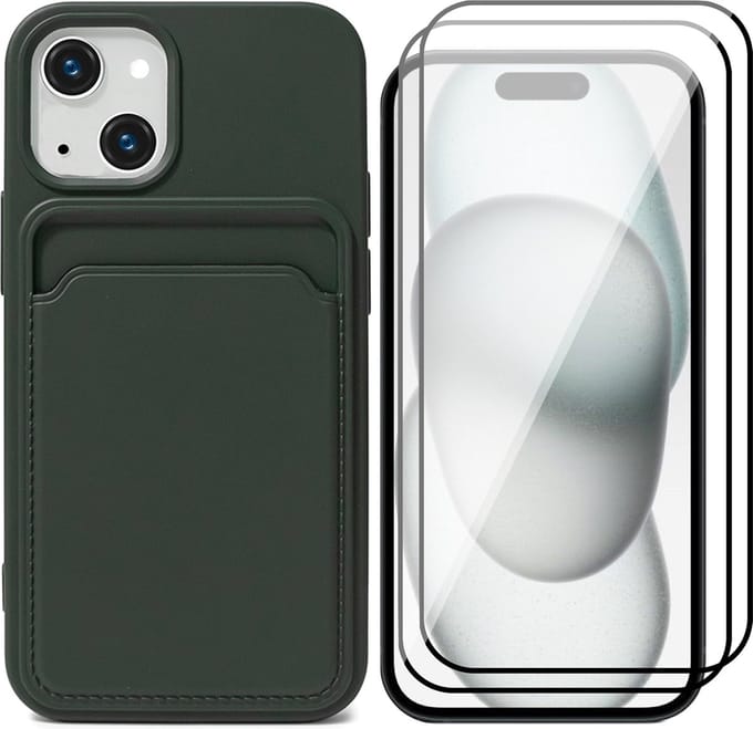 Hoesje Pasjeshouder geschikt voor iPhone 15 Plus - 2x Screenprotector FullGuard - Siliconen Case Back Cover Groen & Screen Protector