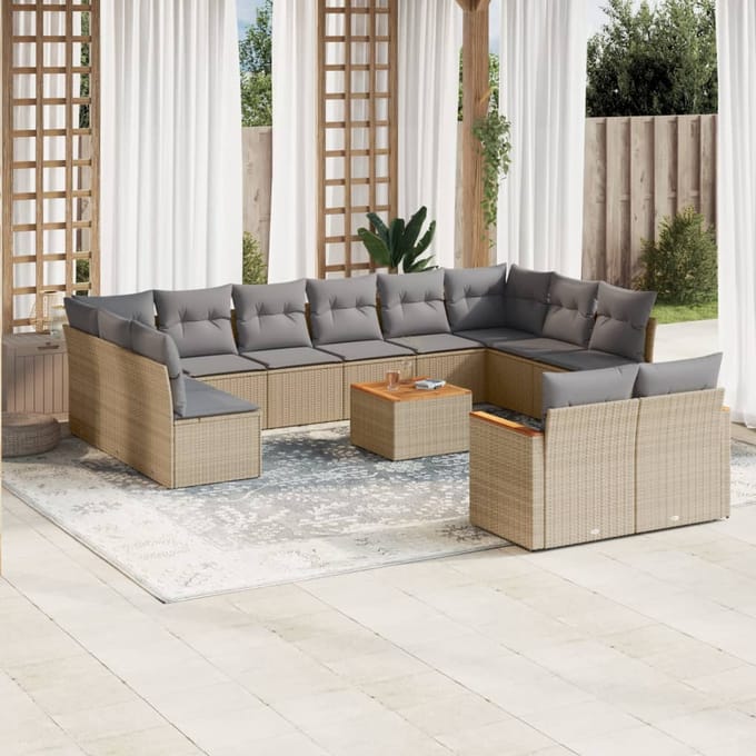 vidaXL - 13-delige - Loungeset - met - kussens - poly - rattan - gemengd - beige
