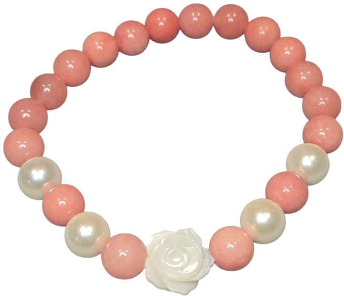 Rose Chalcedoon armband met witte schelpen kralen.