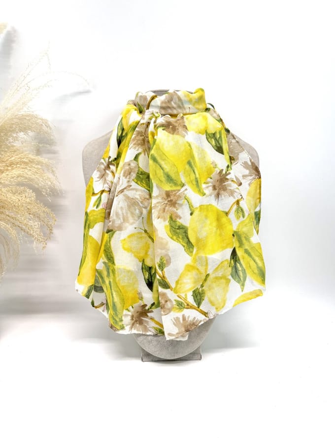 Lange dames sjaal Lou-gebloemd motief-taupe wit groen geel bruin