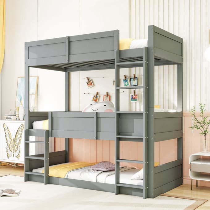 MODFU – Driepersoons Stapelbed – 90x200 cm – Modulair – Hoge Valbeveiliging – Hout – Grijs