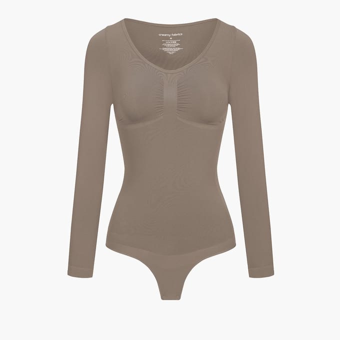 cfab - Bodysuit met corrigerende werking, lange mouwen en koord - Taupe - M