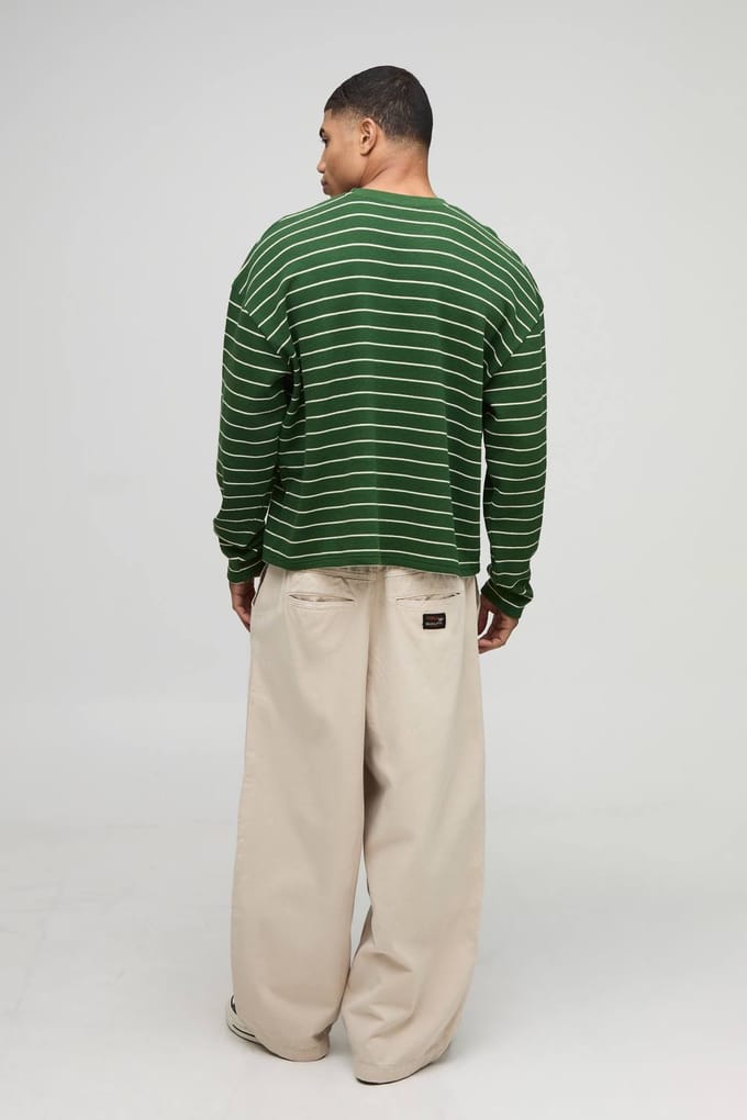 Oversized Gestreept Zwaargewicht Lange Mouw Wafel T-Shirt | Forest | Size Small