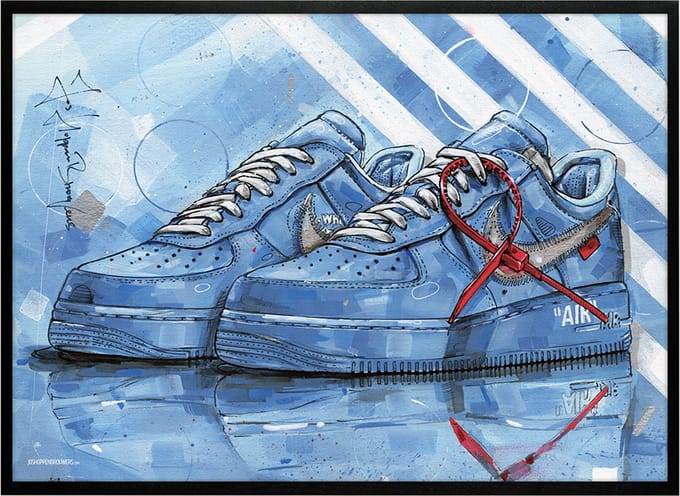 Sneaker print University blue vullend 71x51 cm *ingelijst & gesigneerd
