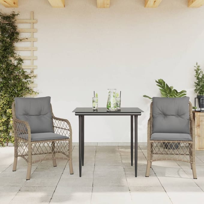 vidaXL - 3-delige - Bistroset - met - kussens - poly - rattan - gemengd - beige