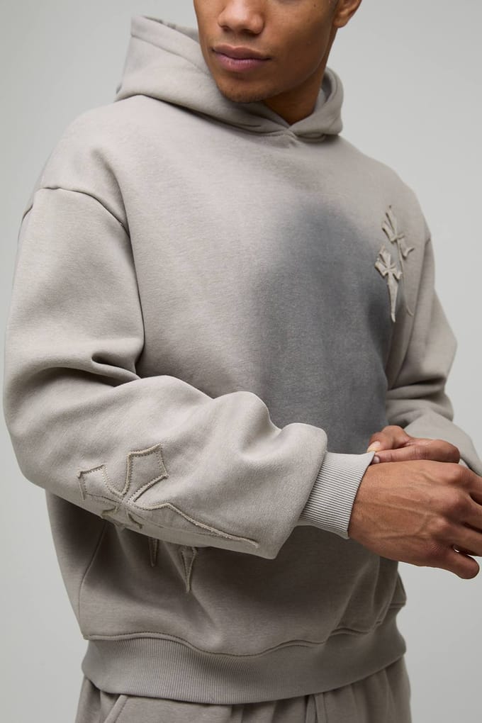 Oversized Boxy Spray Wash Cross Applique Hoodie | Grey | Size Medium