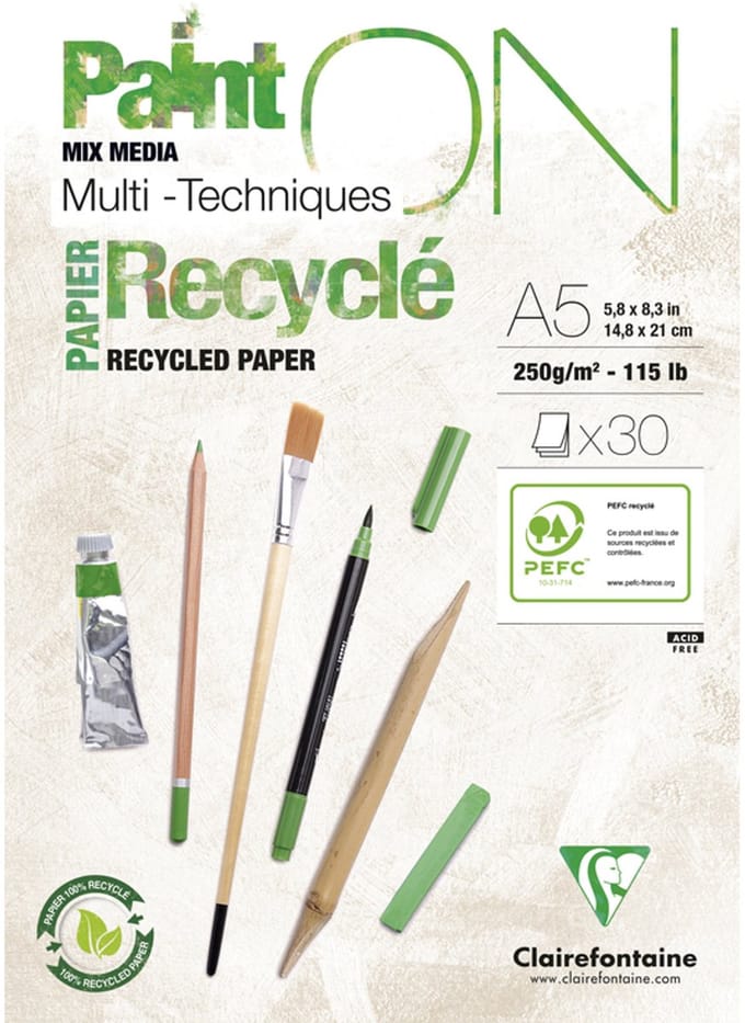 Clairefontaine - Paint ON - Multi-Techniek Pad - Tekenpapier - Recycled - Wit - A5 - 250 g - 30 vel
