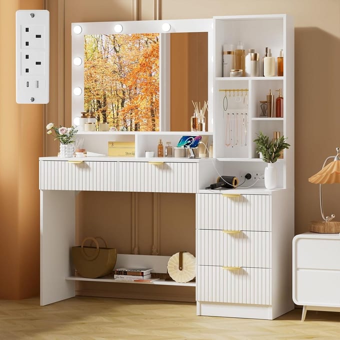 Kaptafel met spiegel - Make-up tafel - Sieraden opbergen - 3 lichtmodi - 114x40x149cm - Wit