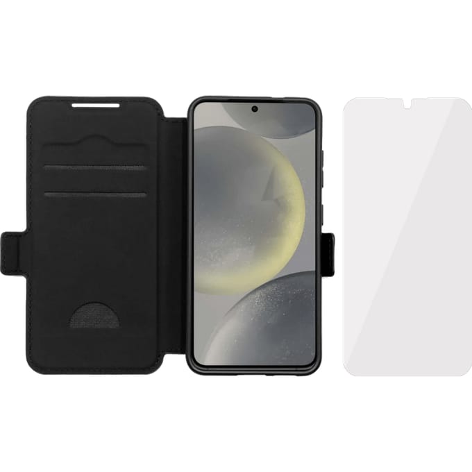 BlueBuilt Samsung Galaxy S25 Book Case Leer Zwart + BlueBuilt Screenprotector Glas