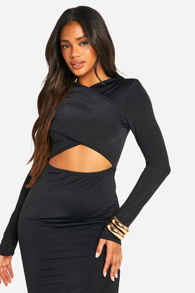 boohoo Dames schoudervulling crossover cut-out slinky maxi-jurk | Black | Maat: 16