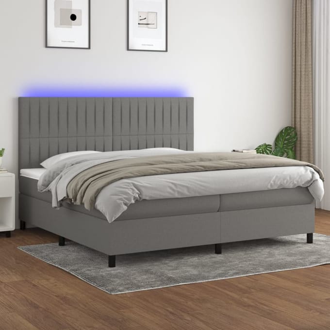vidaXL - Boxspring - met - matras - en - LED - stof - donkergrijs - 200x200 - cm