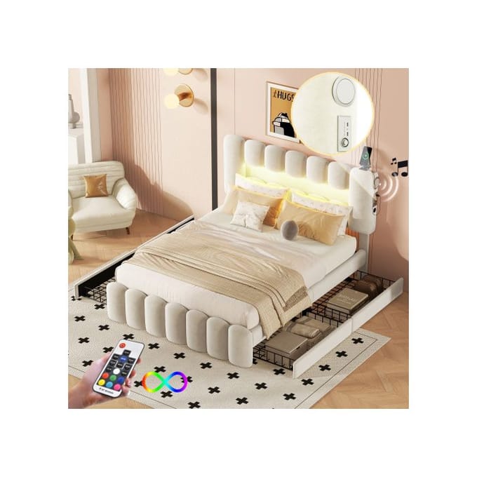 Gestoffeerd bed - MUVOE - 140 x 200 cm - Beige - 4 lades - USB en LED-strip stereo beige