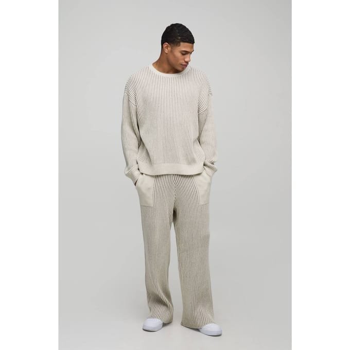 Heren Relaxte Boxy Geribbelde Gebreide Trui | Stone | Size Medium