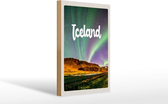 Holzschild Reise 20x30cm Iceland Retro Polarlicht Geschenk
