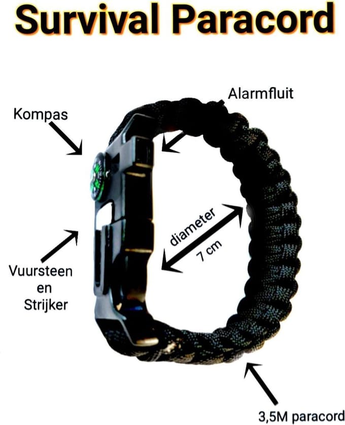Zwart Paracord Survival Armband Kompas