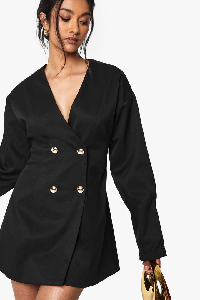 boohoo Dames Tailored Collarless Cinched Waist Blazer Dress | Black | Maat: 10