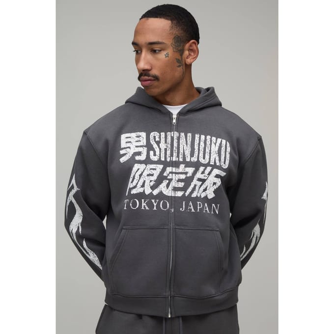 Antraciet Oversized Boxy Tokyo Moto Print Hoodie Met Rits | Charcoal | Size Medium