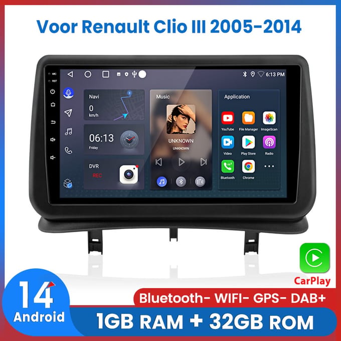 Awesafe Autoradio 1+32GB - Geschikt Voor Renault Clio III 2005-2014 - Draadloos Apple Carplay & Android auto - GPS Navigatie RDS - Bluetooth & Wifi