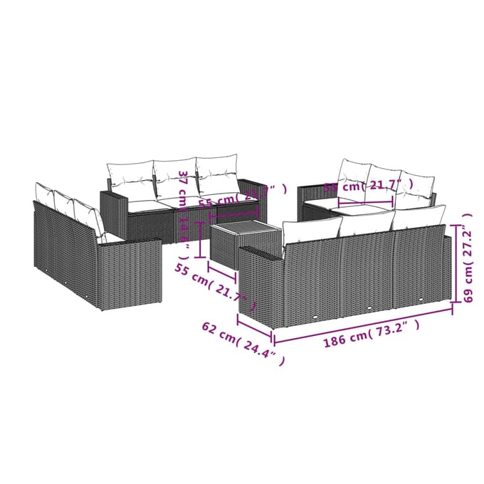 vidaXL - 13-delige - Loungeset - met - kussens - poly - rattan - grijs