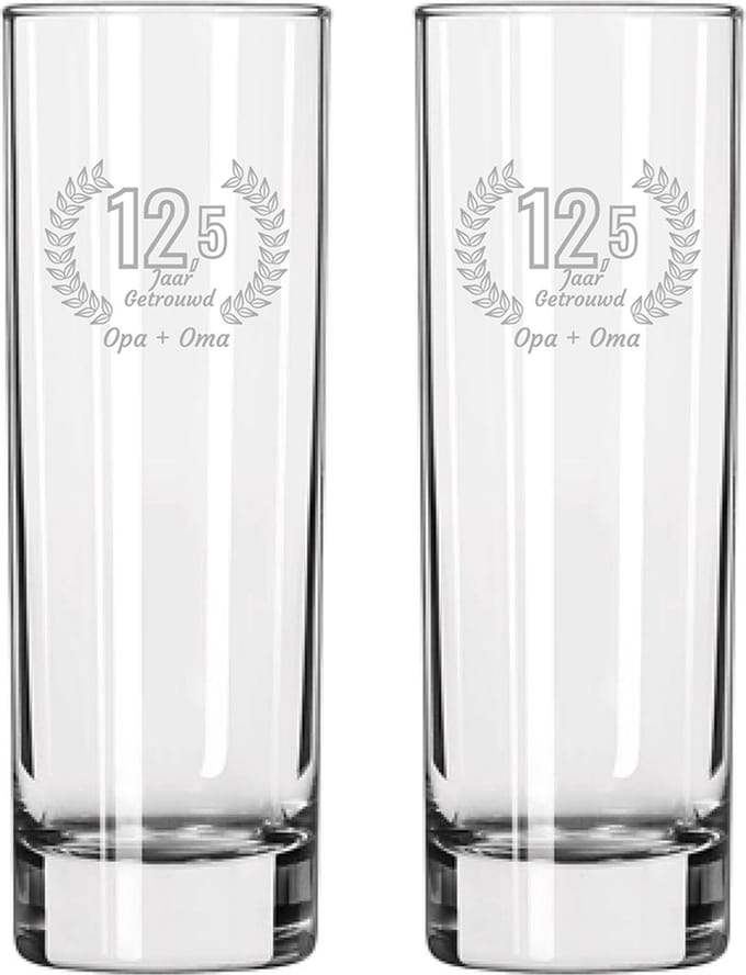 Gegraveerde set Longdrinkglazen 22cl Opa + Oma 12,5 jaar getrouwd