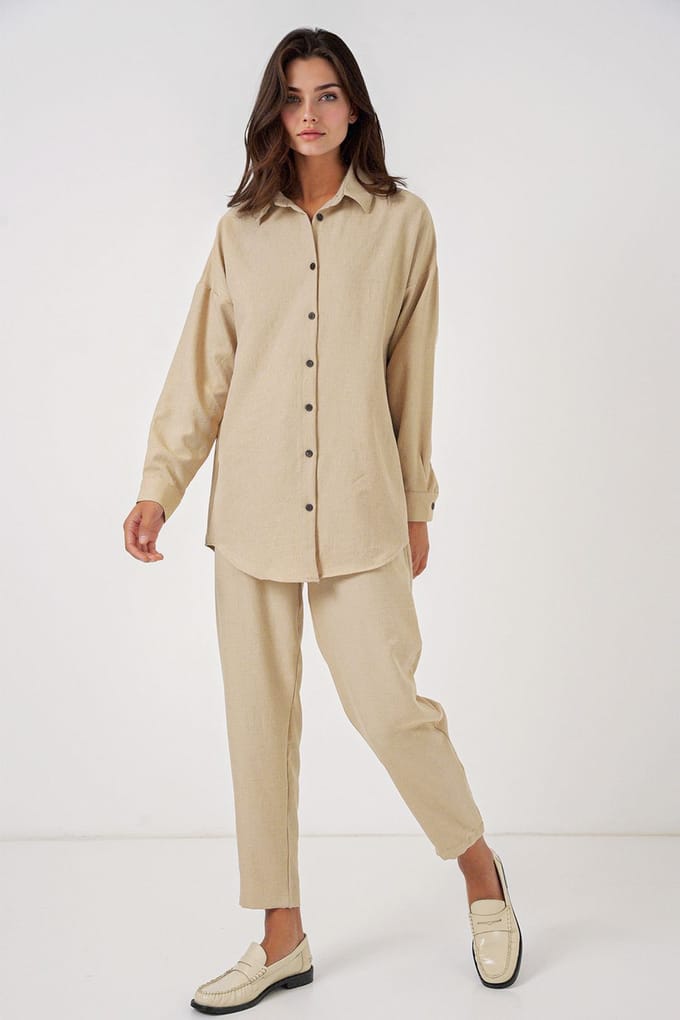 Linnenmix Lange Mouwen Shirt en Broek Set