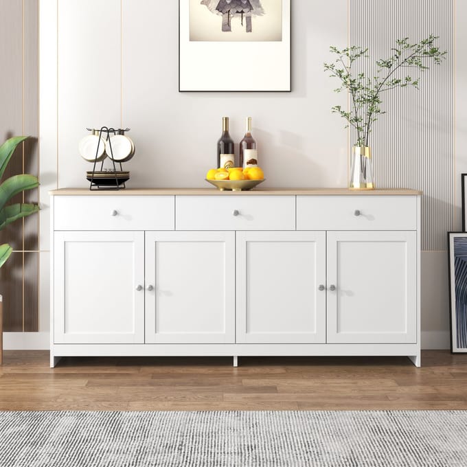 Sideboard - 4 Deuren en 3 Lades met Houtnerf - Houtkleur/Wit