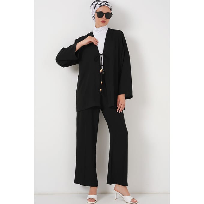Textuur V-Hals Lange Cardigan en Broek Set
