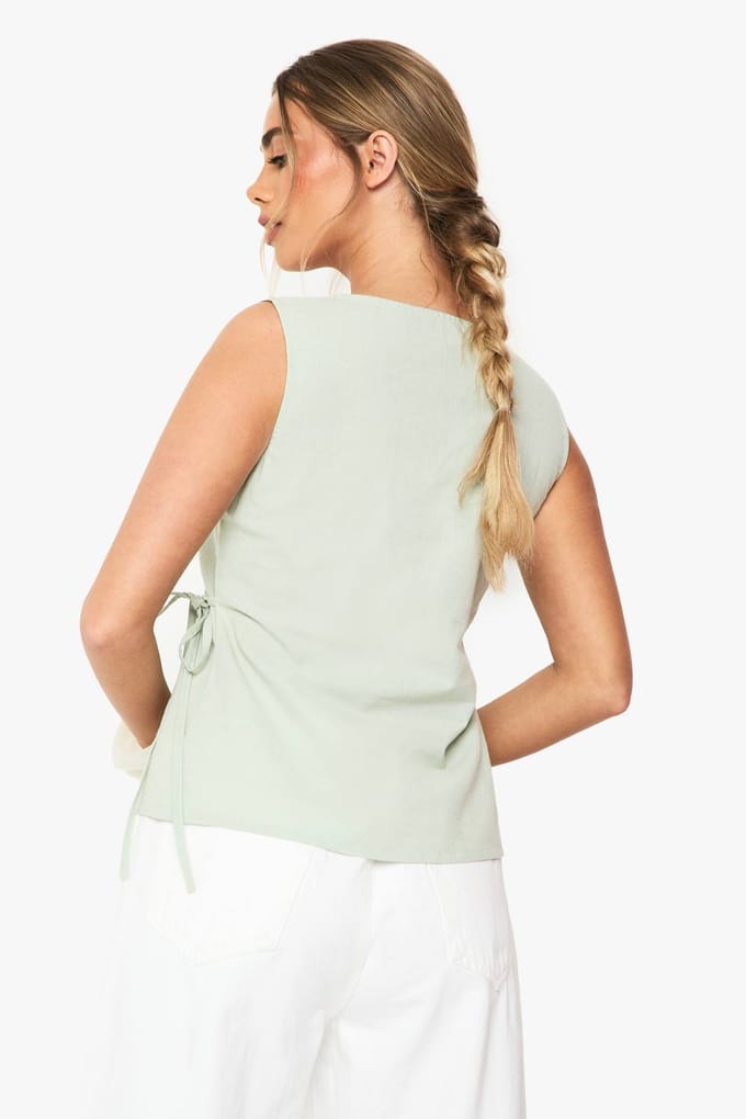 boohoo Dames Linnen Wrap Top Voorkant | Sage | Maat: 10